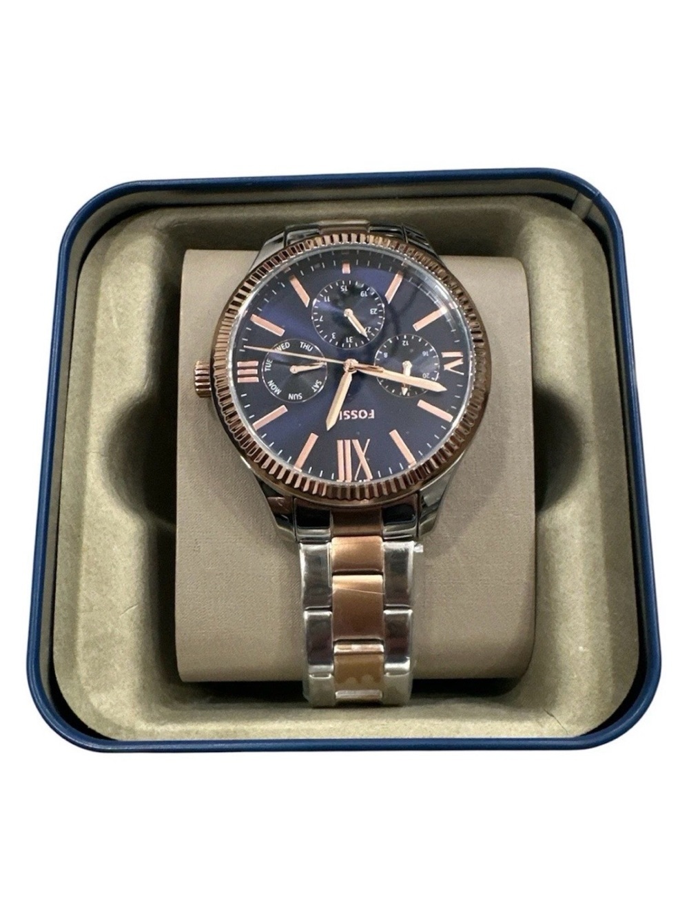 Fossil BQ7097 Men's Multifunction Watch Navy Dial  Gold Two-Tone Steel NEW